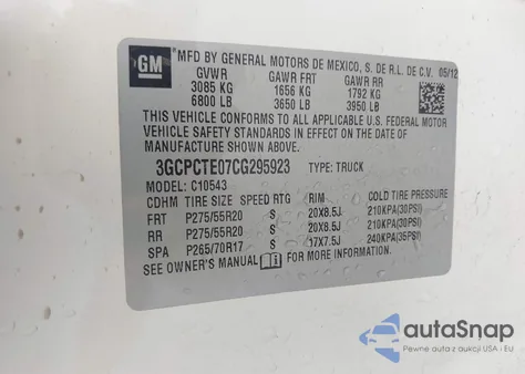 2012 Chevrolet Silverado 1500 Ltz z USA, uszkodzony, nr VIN 3GCPCTE07CG295923